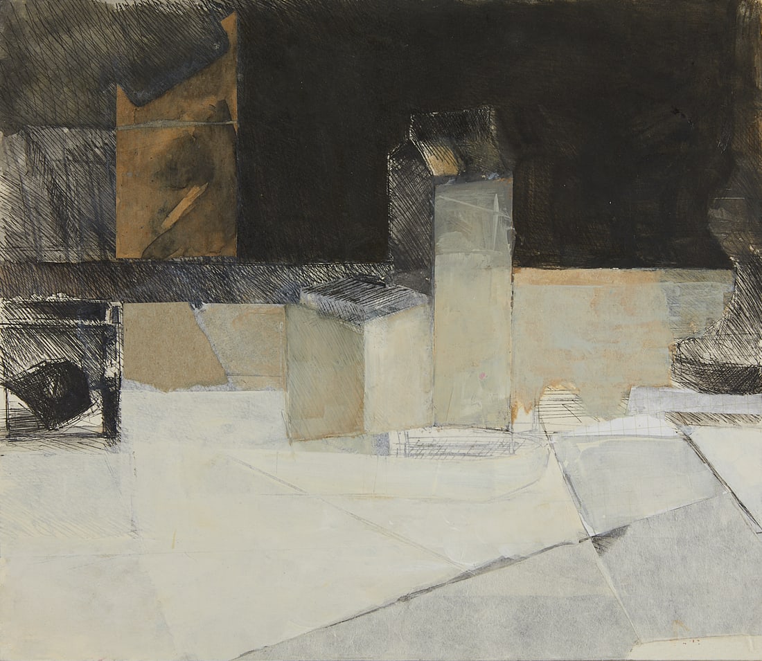 Brad Widness "Carton Sentinel" Painting: Brad Widness (American, 20th/21st c). Ink, acrylic, collage on paper on board painting titled "Carton Sentinel" depicting a scene with two milk boxes, 2006. Signed, titled, and dated along t