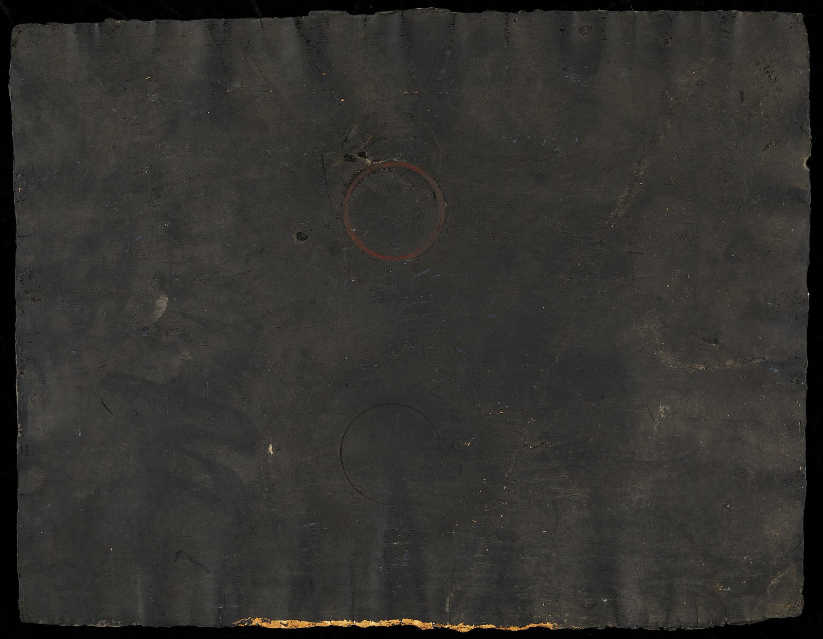 Abstract Black Oil on Paper Painting NYC 1980: Oil on paper abstract painting. Depicting a black field with a singular red circle in the center and gold accents along the lower edge. Illegibly signed, annotated NYC, and dated 1980 along the verso.