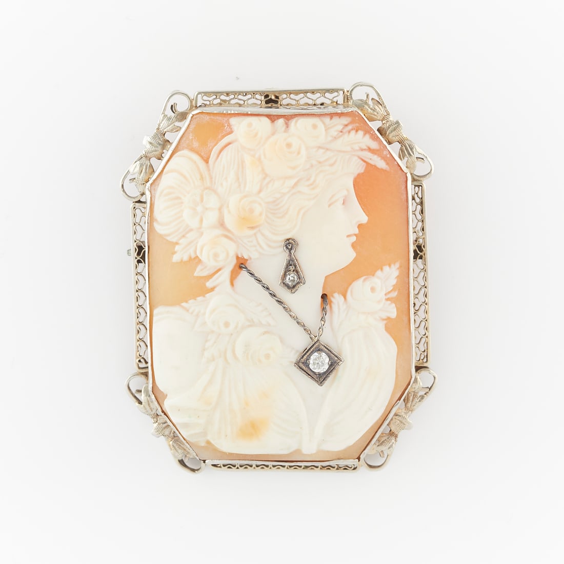 14k White Gold Cameo Habille Brooch w/ Diamonds (1 of 6)
