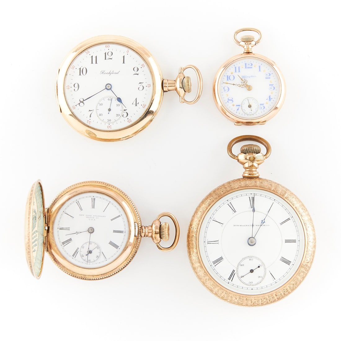 Group of Four Gold Filled Pocket Watches: Group of four gold filled pocket watches. New York Standard Watch Co., United States. One gold filled pocket watch. Gold filled hunter case with floral designs. White dial marked, " New York Stan