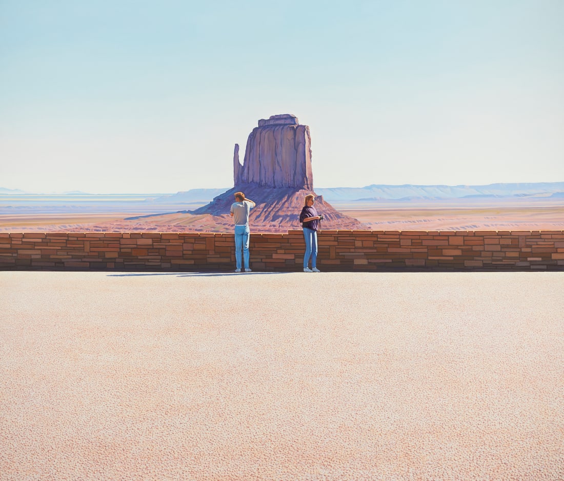 Woody Gwyn "Tourists II" Oil Painting 1991-92: Woody Gwyn (American, b. 1944). Oil on canvas painting titled "Tourists II" depicting a scenic vista of the American southwest, 1991-92. Two tourists stand at the edge of an overlook, taking