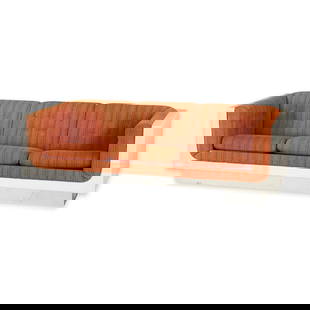 Metropolitan Furniture Corp. MCM Sofa: Metropolitan Furniture Corporation, United States. Distributed by Daytons. Couch with white fiberglass body, chrome base, and russet orange upholstery. Some attribute this design to Milo Baughman Mode