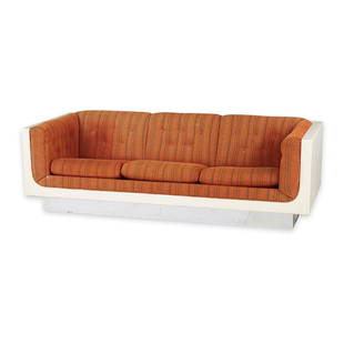 Metropolitan Furniture Corp. MCM Sofa: Metropolitan Furniture Corporation, United States. Distributed by Daytons. Couch with white fiberglass body, chrome base, and russet orange upholstery. Some attribute this design to Milo Baughman Mode