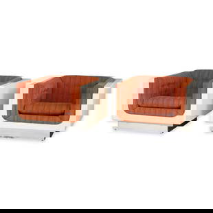 Pr Metropolitan Furniture Corp. MCM Easy Chairs: Metropolitan Furniture Corporation, United States. Distributed by Daytons. Pair of easy chairs with white fiberglass bodies, chrome bases, and russet orange upholstery. Some attribute this design to M