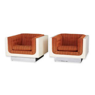 Pr Metropolitan Furniture Corp. MCM Easy Chairs: Metropolitan Furniture Corporation, United States. Distributed by Daytons. Pair of easy chairs with white fiberglass bodies, chrome bases, and russet orange upholstery. Some attribute this design to M