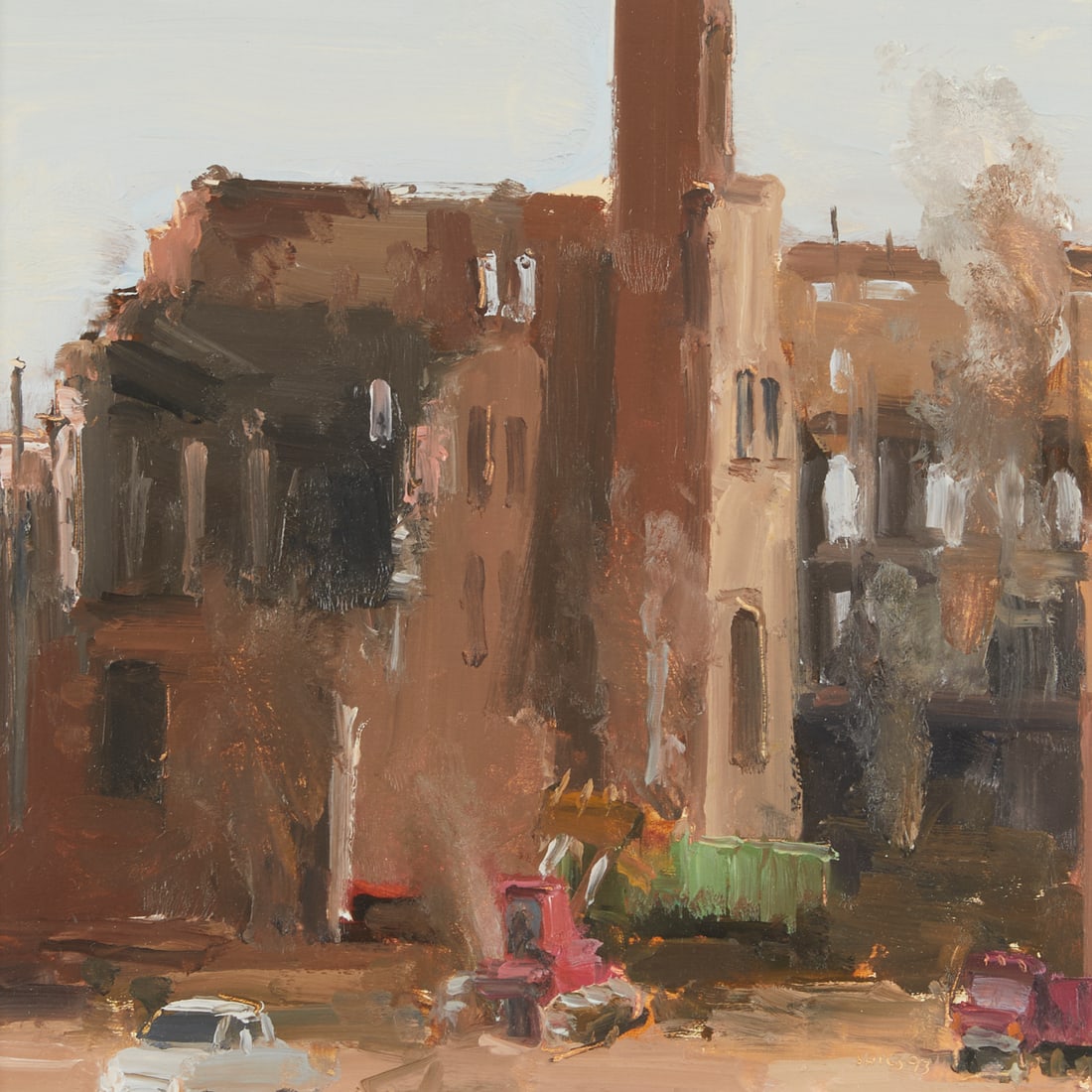 Stuart Shils "Urban Ruins" Oil on Paper Painting: Stuart Shils (American, b. 1954). Oil on paper painting titled "Urban Ruins" depicting the crumbling remains of a brick building, 1995. Signed and dated along the lower right.Provenance: Distinguished
