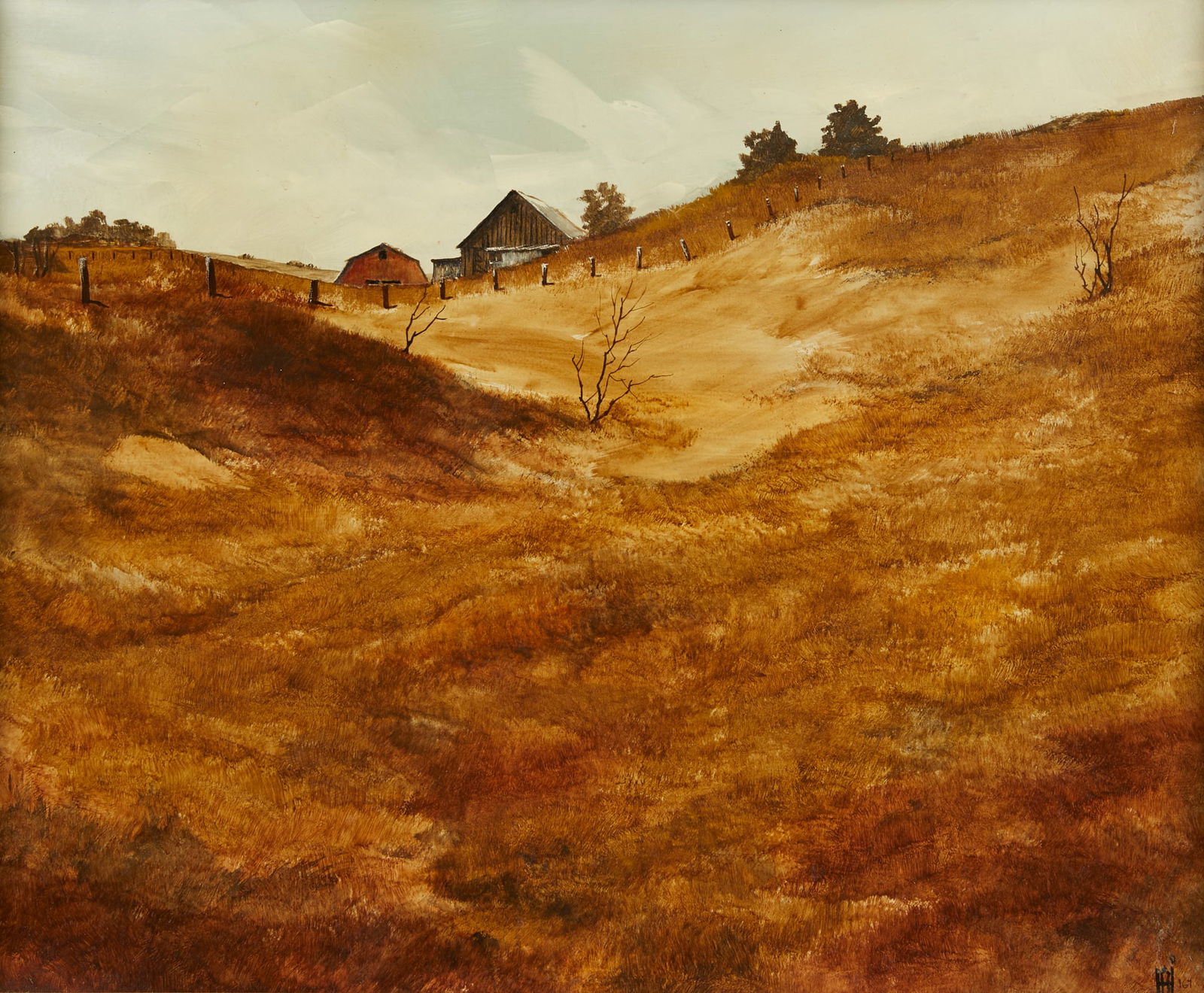 Don Hornberger "Winter Red" Acrylic Painting: Don Hornberger (American, 1921-2006). Acrylic on Masonite board landscape painting titled "Winter Red" depicting a lightly sloping hill ultimately leading towards a country home and barn, 1967. Signed