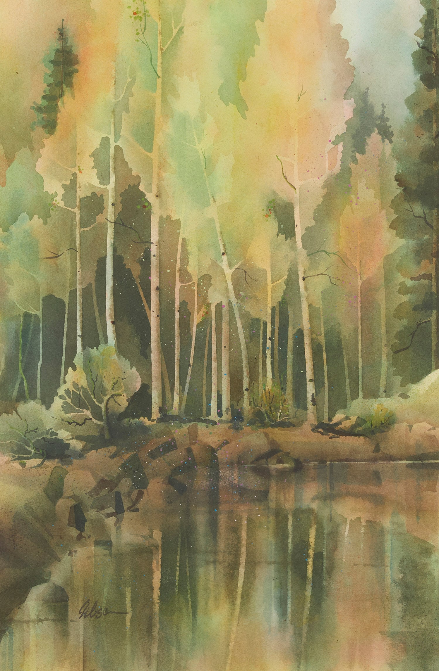Ellery Gibson "Aspen Shade" Landscape Painting: Ellery Gibson (American, 1916-2010). Watercolor on paper painting titled "Aspen Shade" depicting a landscape with a pond and a forest. Signed along the lower left; titled along the verso.Sight; height