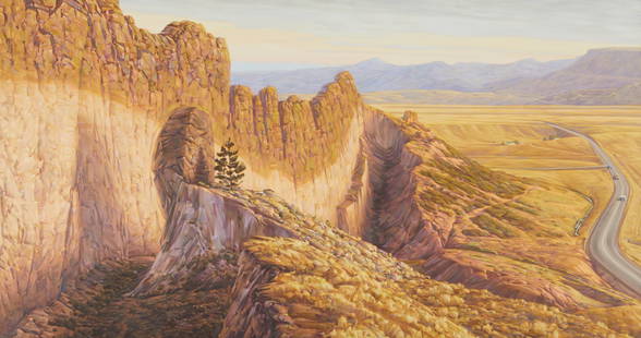 Chuck Forsman "Sanctuary" Landscape Painting: Chuck Forsman (American, b. 1944). Large oil on Masonite painting titled "Sanctuary" depicting a rocky mountain pass, 1985. Signed, titled, and dated along the verso.Provenance: Tibor de Nagy Gallery,