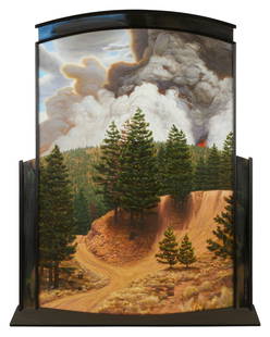 Chuck Forsman "Summer of '88" Mixed Media: Chuck Forsman (American, b. 1944). Oil on Masonite with wood moulding titled "Summer of '88" depicting a gateway into a pine forest landscape with a wildfire in the distance, 1989 Signed, dated, and t