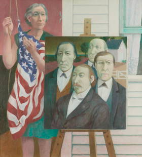 Richard Haines "From Our Forefathers" Painting: Richard Haines (American, 1906-1984). Oil on canvas painting titled "From Our Forefathers" depicting a woman holding the flag of the United States with a portrait painting. Signed along the lower righ