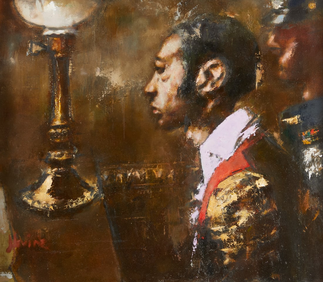 Jack Levine "At the Precinct" Painting 1981: Jack Levine (American, 1915-2010). Oil on canvas painting titled "At the Precinct" depicting a man in side profile with a lamp, 1981. Signed along the lower right. With labels from the Kennedy Galleri