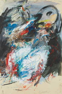 Ger Lataster Abstract Expressionist Painting: Ger Lataster (Dutch, 1920-2012). Gouache on paper painting depicting an Abstract Expressionist composition in bold white, red, and blue against a black and cream background, 1965. Pencil signed and da