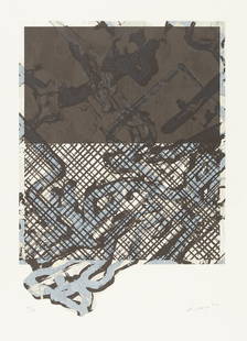 Ed Moses Abstract Lithograph 1989: Ed Moses (American, 1926-2018). Lithograph on Guarro paper depicting a bisected abstract illustration, 1989. From the "In Barcelona Suite (California Portfolio)," 1988-89. Pencil signed and dated alon