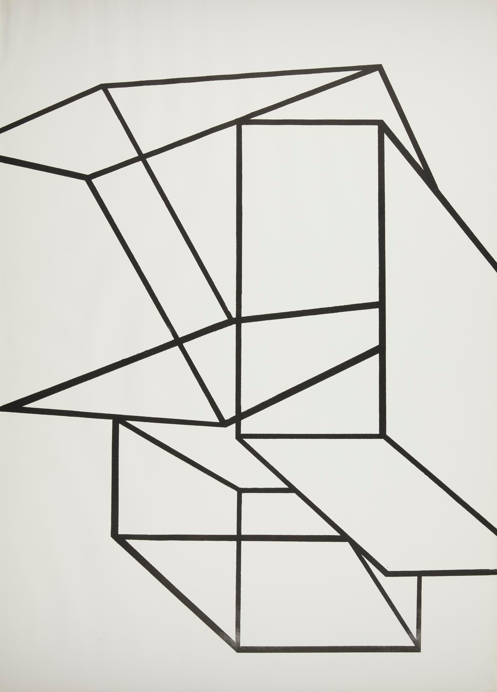 Al Held Geometric Lithograph 1969: Al Held (American, 1928-2005). Lithograph on Strathmore paper depicting black cubes, 1969. Strathmore blind stamp along the lower right. Pencil signed and numbered 27/100 along the verso.Height: 34 1/