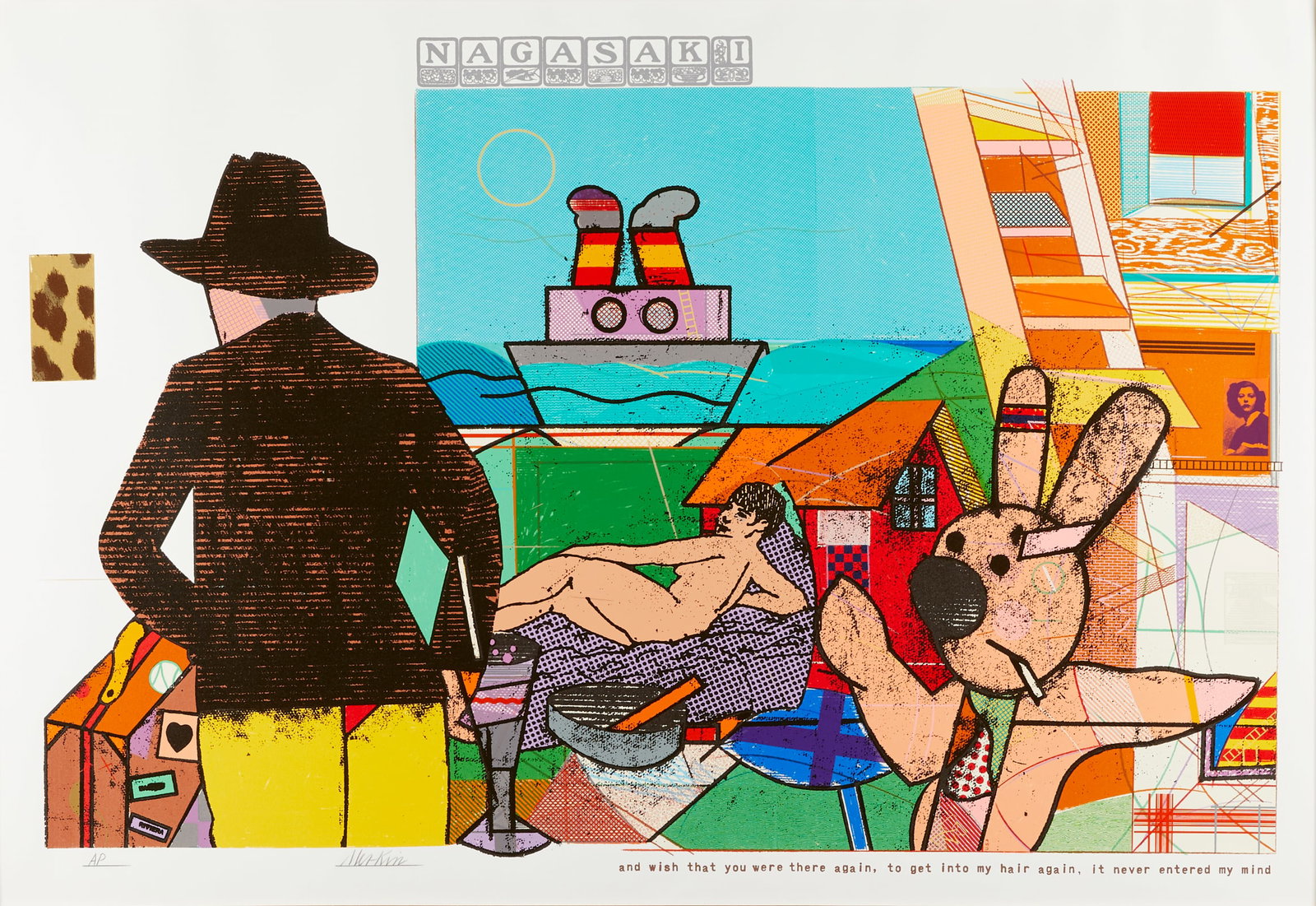 Richard Merkin "Nagasaki" Lithograph: Richard Merkin (American, 1938-2009). Lithograph titled "Nagasaki" depicting a colorful abstract collection of scenes including a smoking rabbit, a nude woman, and a man with a briefcase. Pencil signe