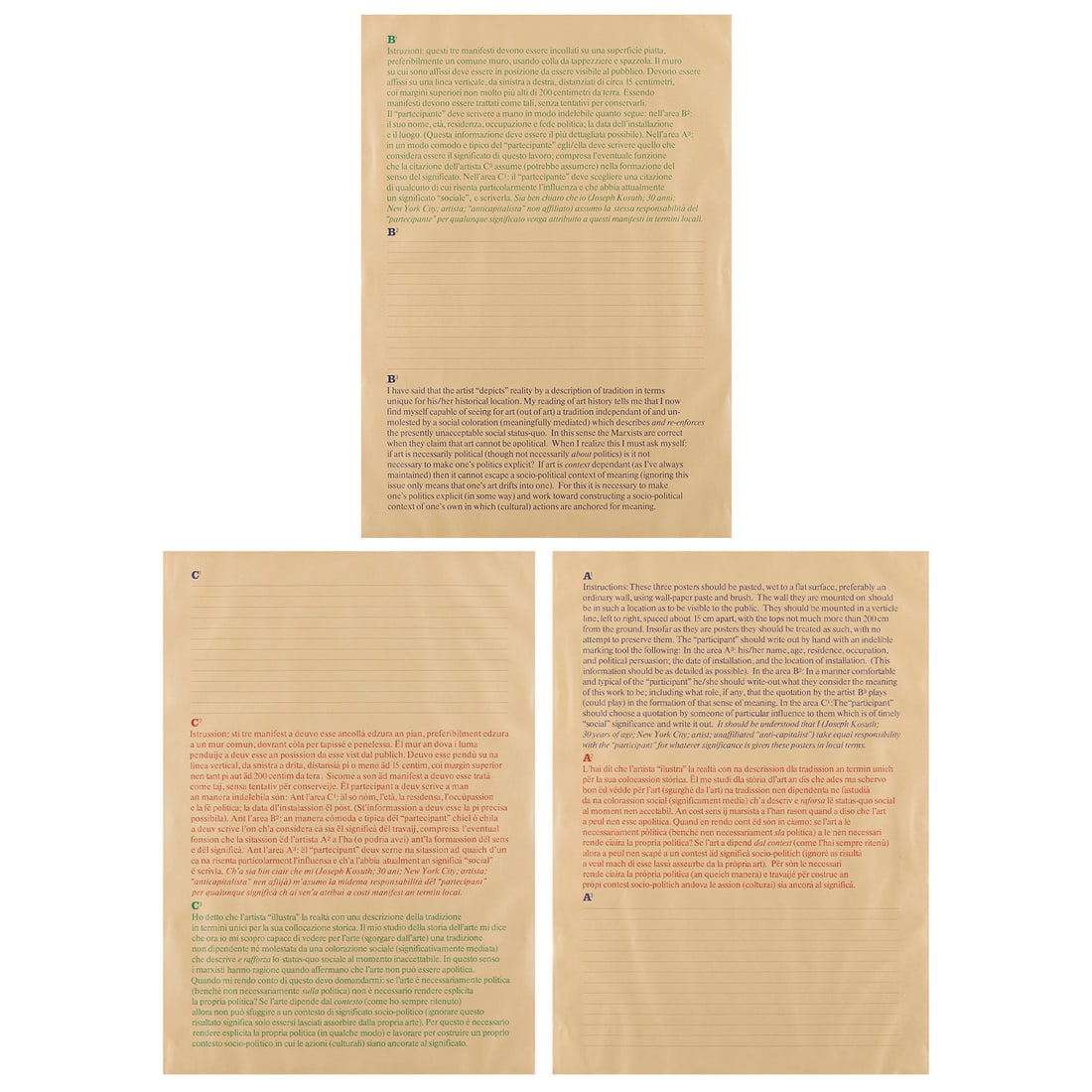3 Joseph Kosuth "Practice" Series Screenprints: Joseph Kosuth (American, b. 1945). Group of three screenprints on tissue paper from the "Practice Series," 1975. Each depicting a lined page filled with text blocks in two colors. Published by Pio Mon