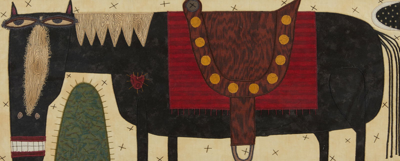Chris Roberts-Antieau "My Imaginary Horse" Textile: Chris Roberts-Antieau (American, b. 1950). Embroidered textile art composition titled "My Imaginary Horse" depicting a black horse in a landscape with a cactus. In a hand-painted frame. Titled and sig