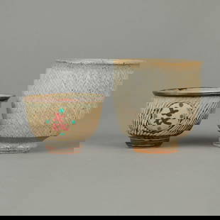 Group of 2 Tatsuzo Shimaoka Tea Bowls: Group of two Tatsuzo Shimaoka jomon-zogan tea bowls. One marked with a red character and with inlaid decoration. One has been attributed to Shimaoka through style and material. Lovely examples by one
