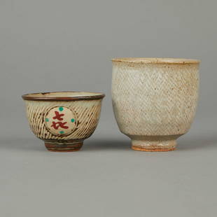 Group of 2 Tatsuzo Shimaoka Tea Bowls: Group of two Tatsuzo Shimaoka jomon-zogan tea bowls. One marked with a red character and with inlaid decoration. One has been attributed to Shimaoka through style and material. Lovely examples by one