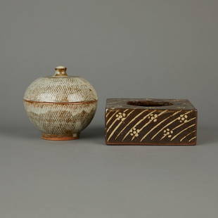 Tatsuzo Shimaoka Covered Bowl and Incense Burner: Attributed Tatsuzo Shimaoka covered bowl and incense burner or pot, marked along the bottom. Both are excellent examples of the artist's style and Japanese studio pottery in general. (Bowl) Height: 5