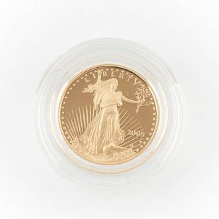 2005 $5 Gold American Eagle Proof Coin: 2005 five dollar 1/10 troy oz American eagle gold bullion proof coin, from the West Point mint, with original velvet box and packaging. With a design originally created by Augustus Saint-Gaudens: the