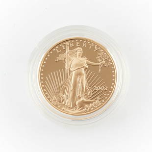 2003 $25 Gold American Eagle Proof Coin: 2003 twenty-five dollar 1/2 troy oz American eagle gold proof coin, from the West Point mint, with original velvet box and packaging. With a design originally created by Augustus Saint-Gaudens: the ob