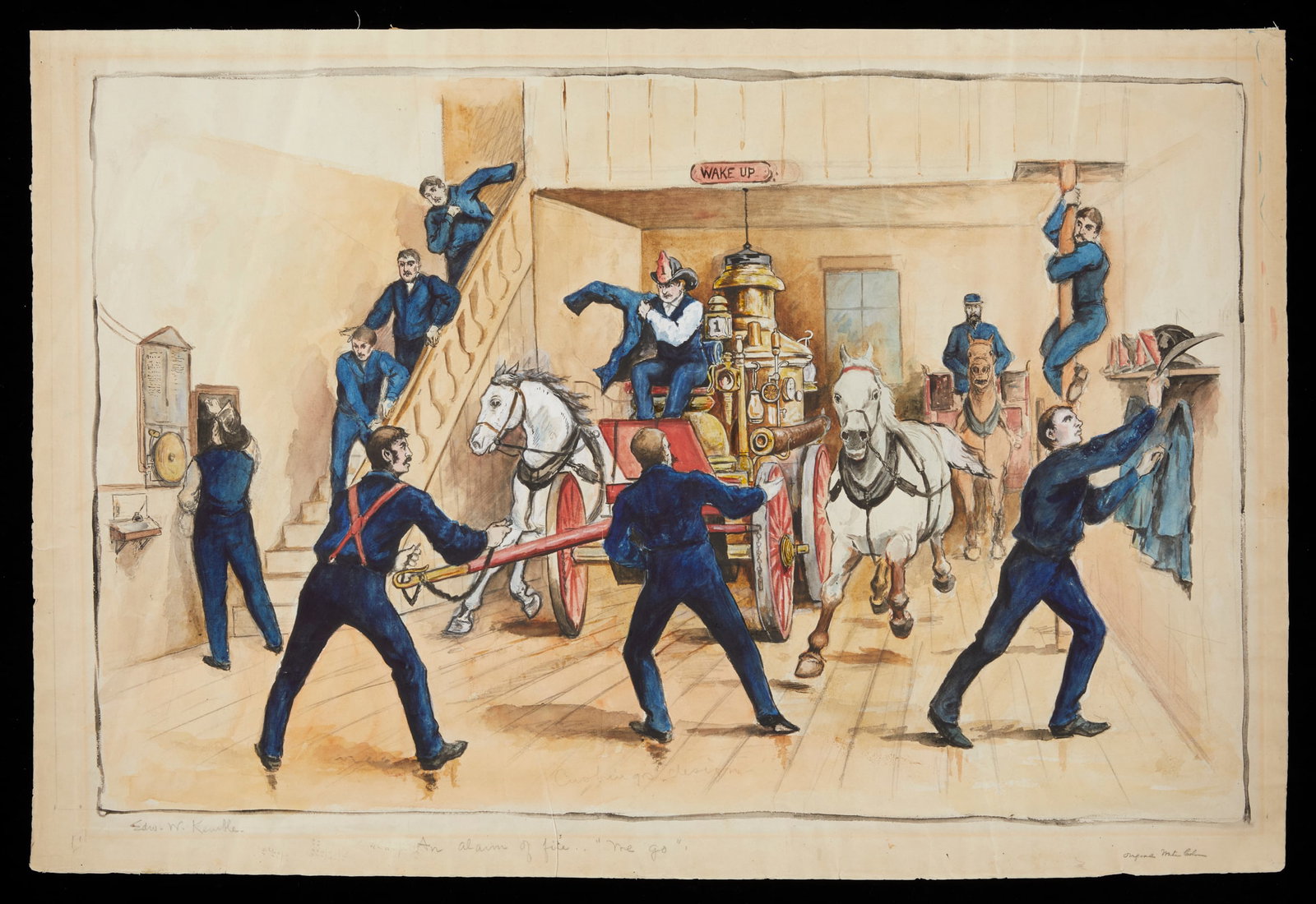 E.W. Kemble "An Alarm of Fire" Watercolor Painting: Edward Winsor Kemble (American, 1861-1933). Watercolor on paper painting titled "An Alarm of Fire - We Go" depicting numerous firefighters gearing up to take their horse-drawn wagon to a fire, ca. lat