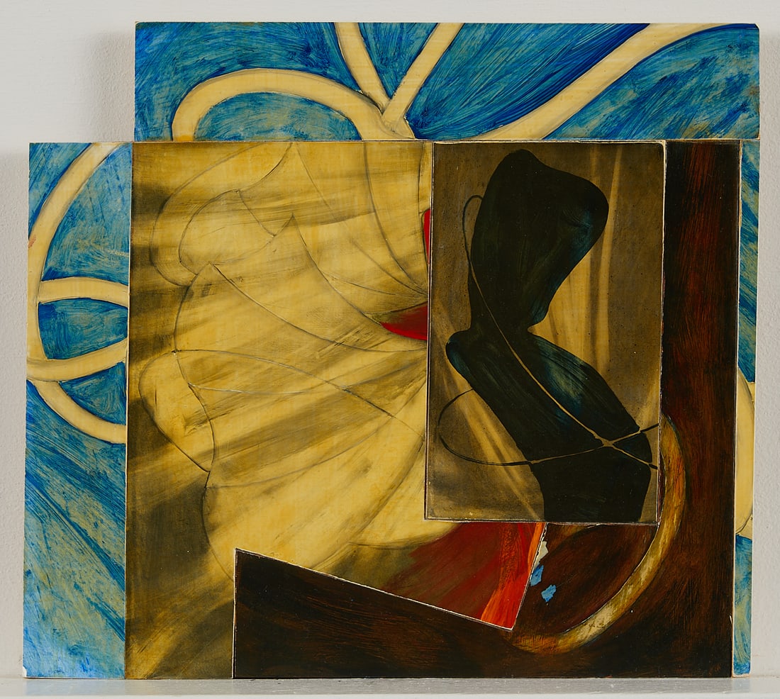 Steven Sorman "Lately" Oil On Panel 1990: Steven Sorman (American, b. 1948). Oil on panel painting titled "Lately" depicting an abstract composition in warm earth tones bordered on two sides with blue, 1990. Signed, dated, and title