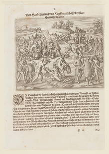 De Bry Native American Market Engraving: Engraving with text depicting a bustling Native American market. From Theodor de Bry (Netherlandish, 1528-1598), Thomas Hariot (British, ca. 1560-1621), and John White's (British, act. 1577-93)