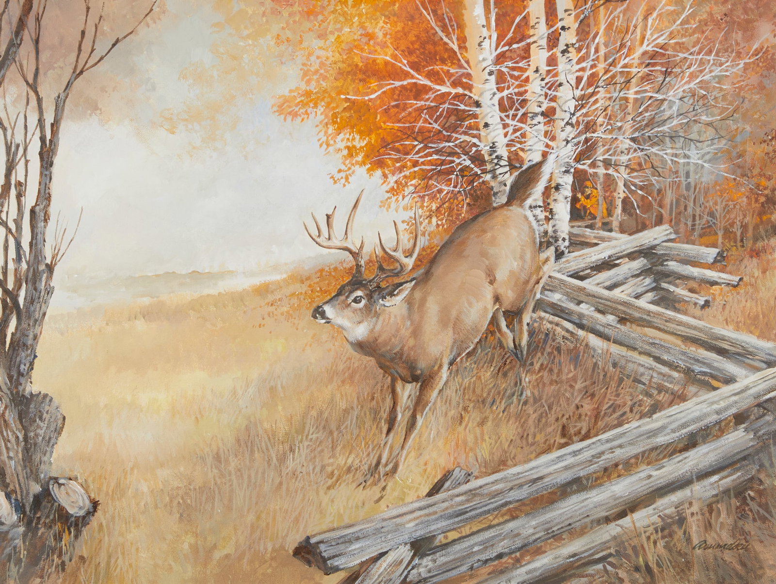 Richard Amundsen Deer Jumping Over Fence Painting: Richard Amundsen (American, 1928-1998). Acrylic on canvas painting depicting a buck jumping over a a split-rail fence. Signed along the lower right. Sight; height: 17 1/4 in x width: 23 1/4 in. Framed