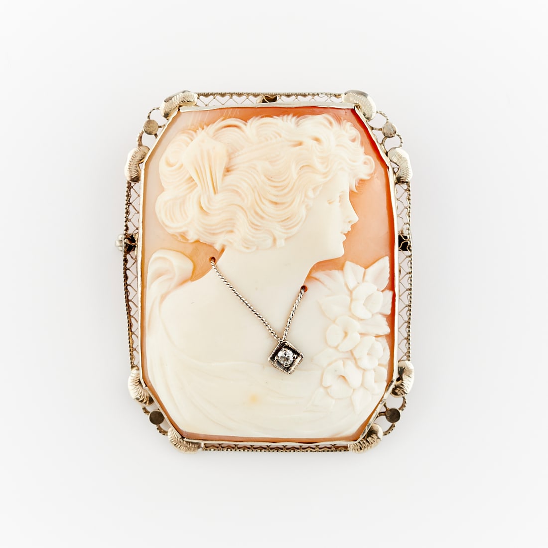 14k White Gold Cameo Habille Brooch w/ Diamond (1 of 8)