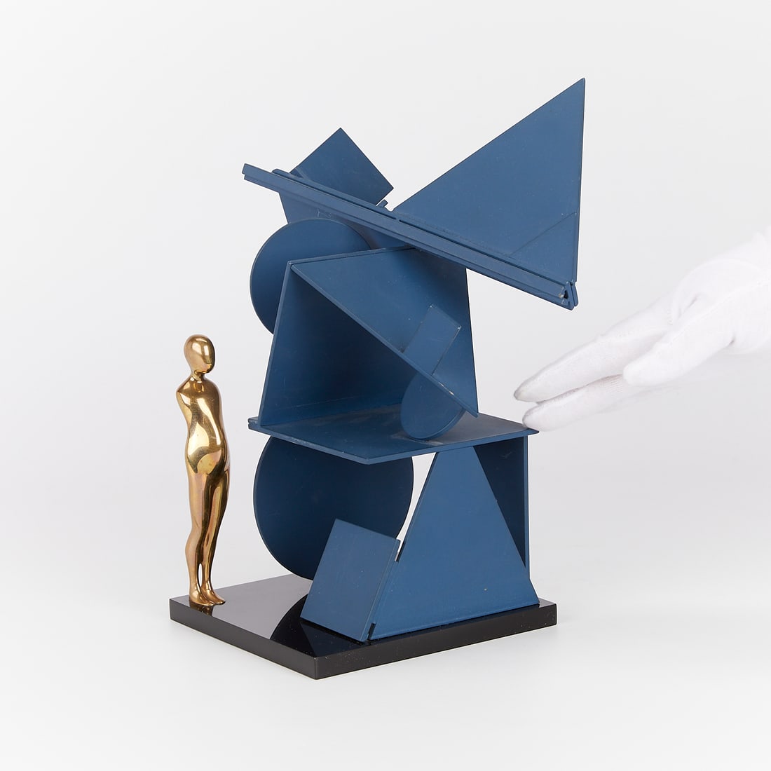 Ernest Trova "Abstract Variation #1" Sculpture: Ernest Trova (American, 1927-2009). Polychromed metal sculpture titled "Abstract Variation #1" depicting a figure of a man next to an abstract blue structure, 1986. Monogrammed, numbered 14/