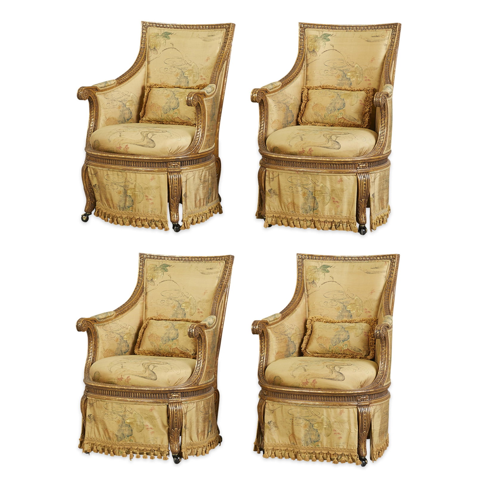 Set 4 Louis XVI Style Giltwood Bergeres Armchairs: Set of four Louis XVI style gilt wood Bergeres armchairs with painted silk upholstery, ca. early 20th century. Each with a padded rectangular back joined by padded sides and scrolling guilloche-carved