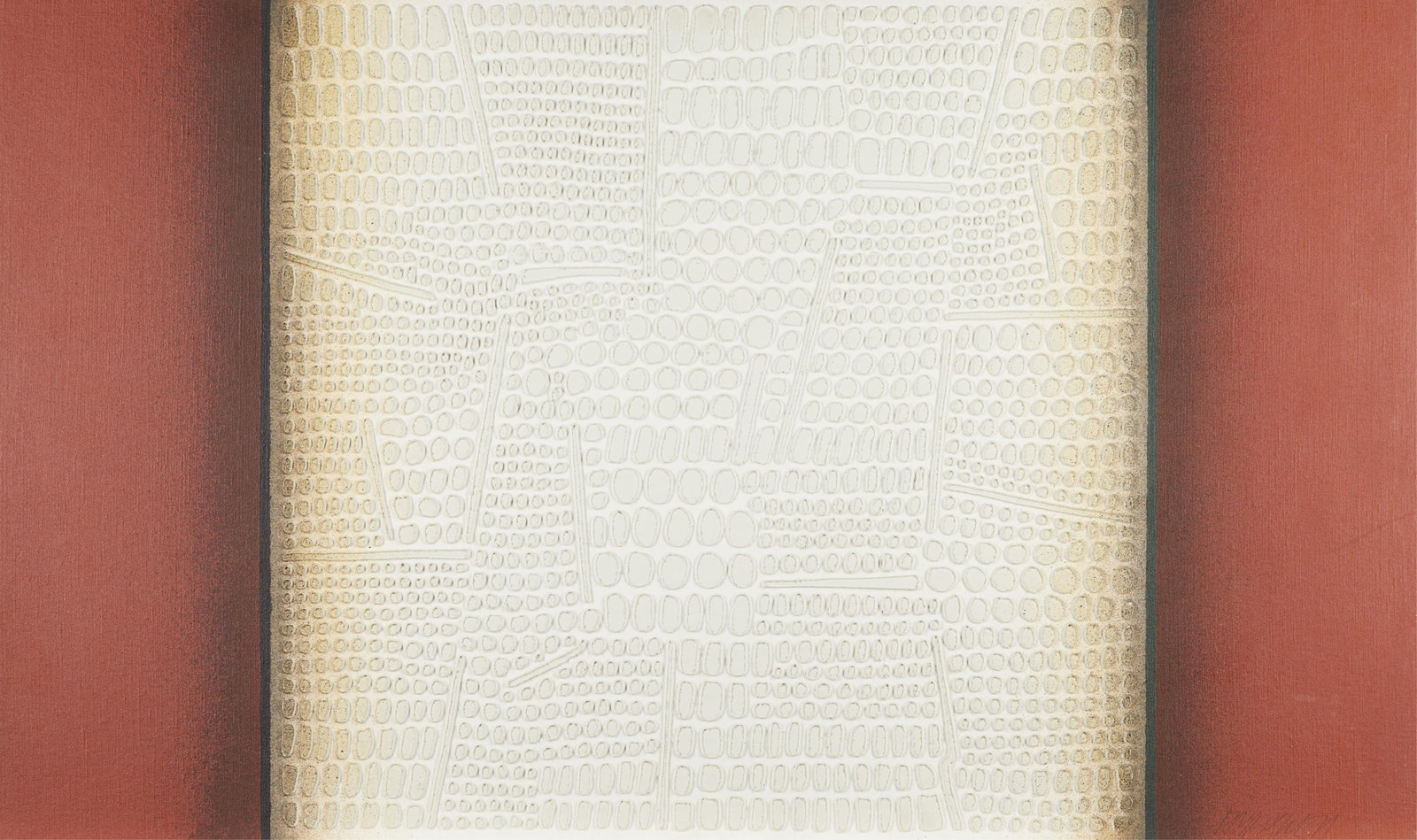 Paul Maxwell "#1019" Abstract Mixed Media: Paul Maxwell (American, 1925-2015). Mixed media on canvas-laid board titled "#1019" depicting a deeply textured white field flanked be a gradient of black to red, ca. 1970s. Pencil signed an