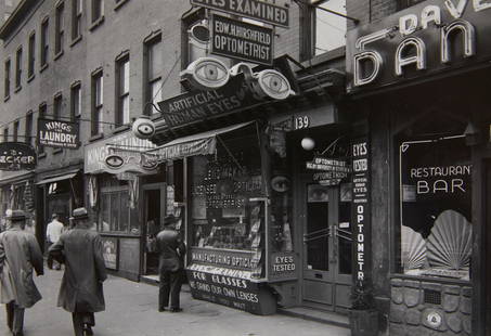 Todd Webb "3rd Ave, New York" GSP Photo 1946: Todd Webb (American, 1905-2000). Gelatin silver print photograph titled "3rd Ave. New York" depicting a streetview of the window display of an optometrist prominently displayed, photographed