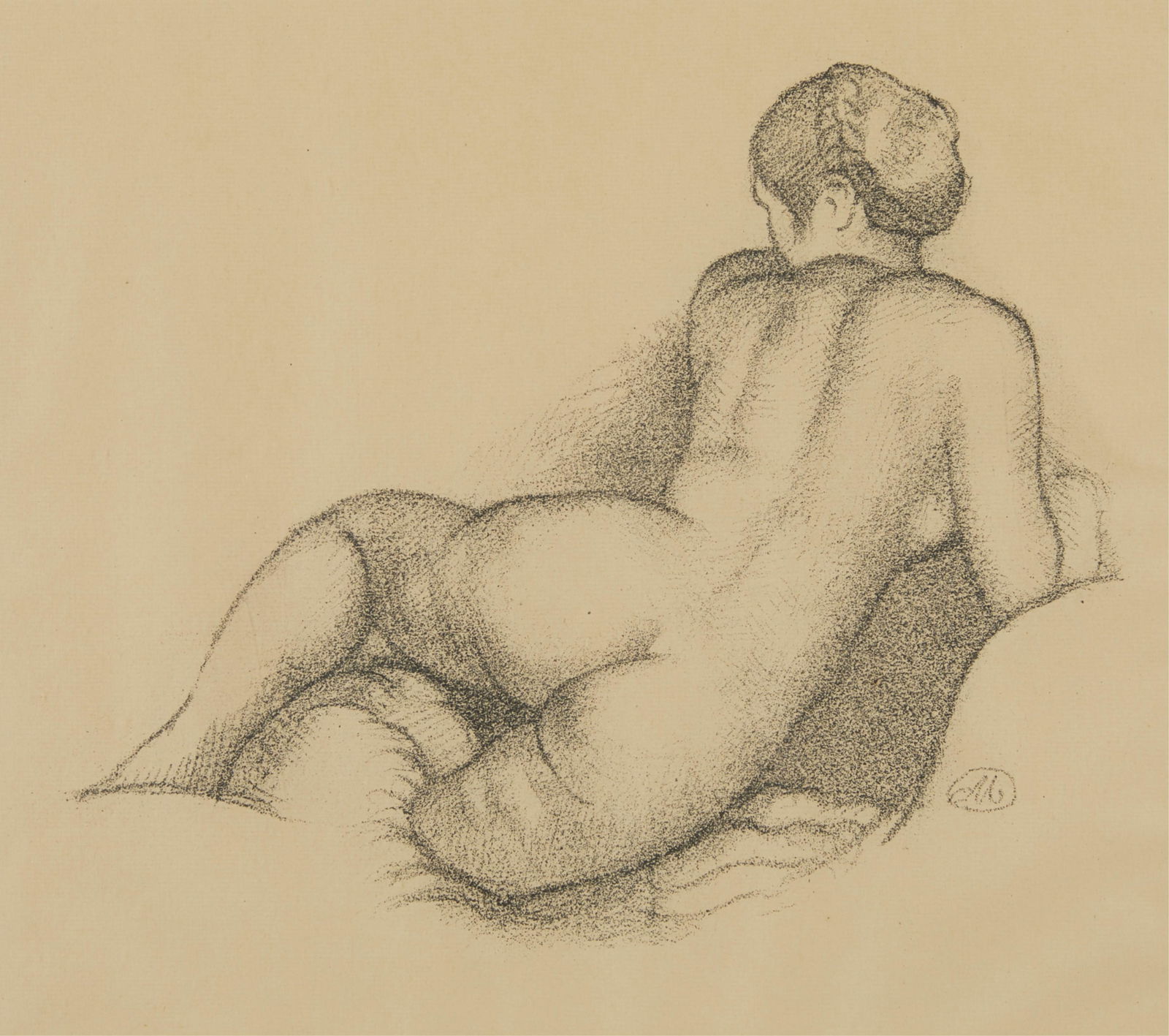 Aristide Maillol Female "Bather" Lithograph: Aristide Maillol (French, 1861-1944). Lithograph on paper titled "Bather" depicting the backside of a nude lounging female figure. Signed along the lower right.Sight; height: 11 1/4 in x wid