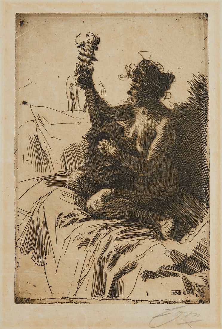 Anders Zorn "Souvenir/Guitar" Etching 1895: Anders Zorn (Swedish, 1860-1920). Etching on paper titled "Souvenir" or "The Guitar" depicting a nude woman sitting on a bed and playing a guitar, 1895. Pencil signed along the low