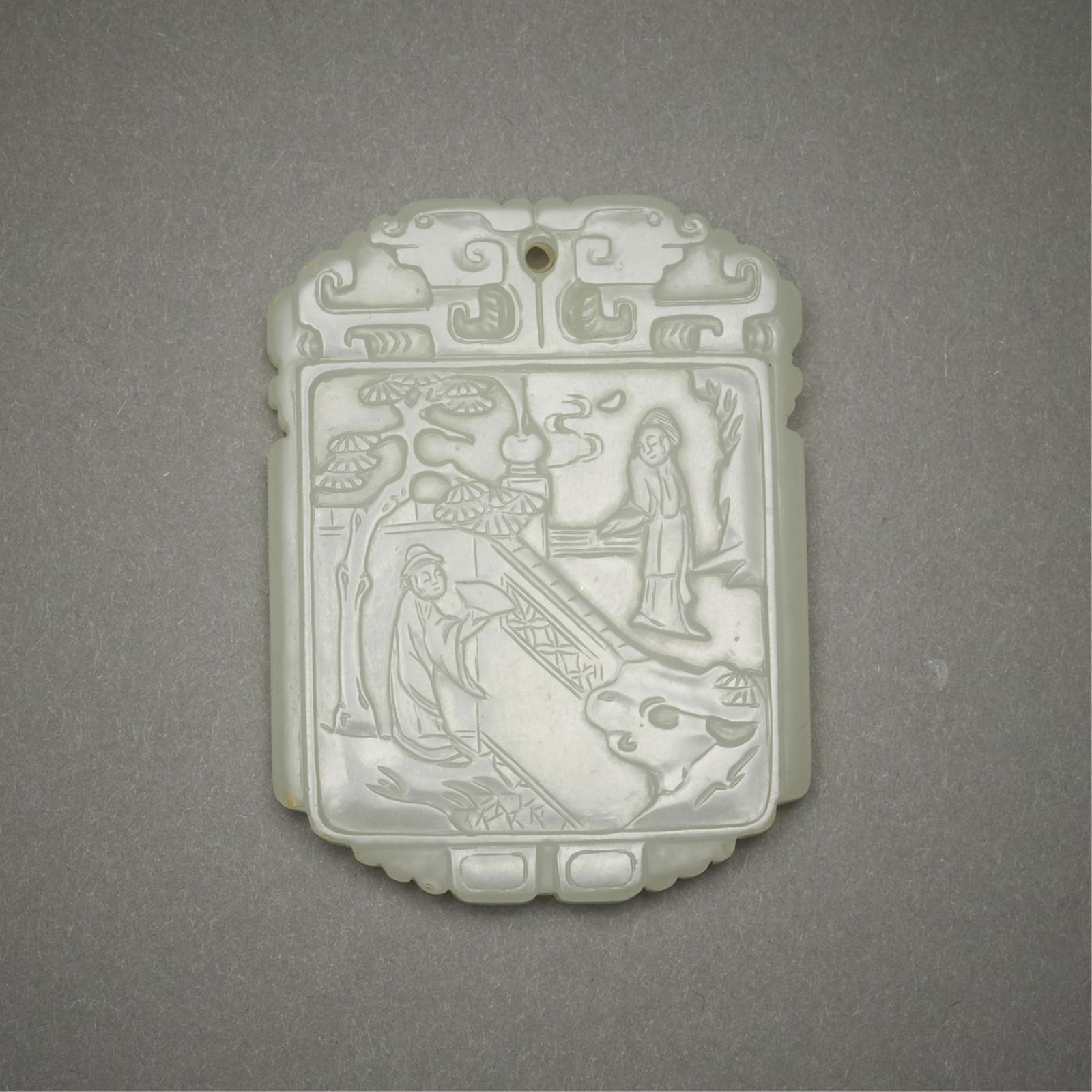 Chinese Carved Jade Pendant w/ Figures in Garden (1 of 9)