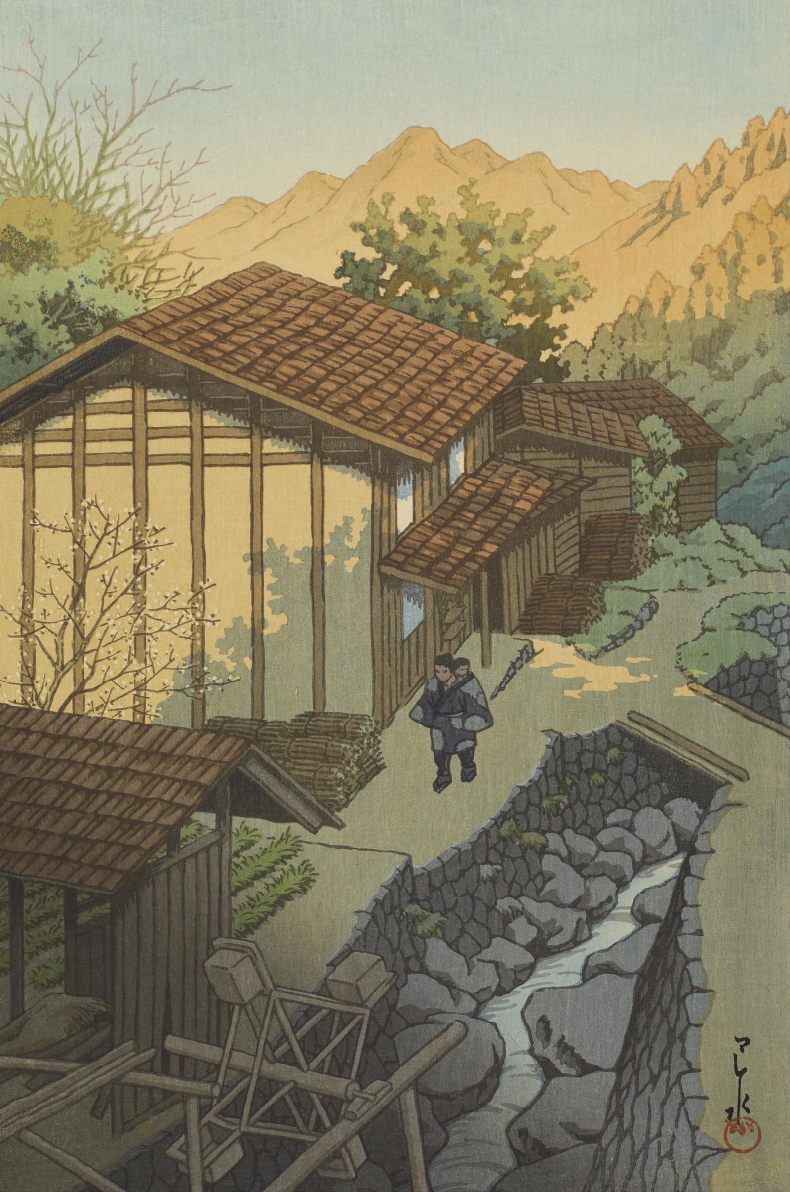 Hasui Kawase "Nenoyama, Bushu" Woodblock Print: Hasui Kawase (Japanese, 1883-1957). Woodblock print titled "Nenoyama, Bushu" depicting a mountainous village along a small stream, 1941. Seal in plate along the lower right.Height: 15 1/2 in