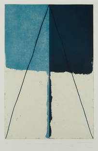 Shoichi Ida "Between Vertical & Horizontal" Print: Shoichi Ida (Japanese, 1941-2006). Color etching with chine colle titled "Between Vertical and Horizontal San Pablo Avenue No. 2" depicting a symmetrical composition of navy and teal blue wi