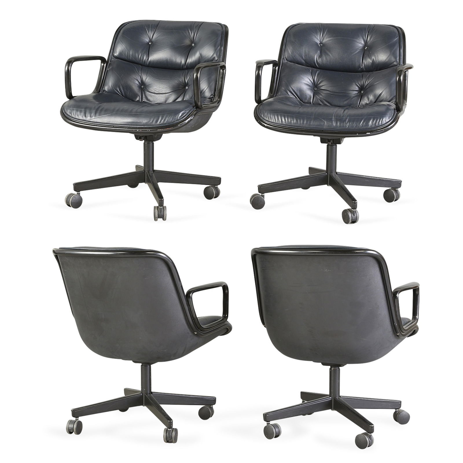 4 Pollock for Knoll MCM Executive Office Chairs: Charles Pollock (American, 1930-2013) for Knoll, United States. Set of four mid-century modern Pollock Executive model office chairs. With volo navy leather tufted seats, phenolic plastic arms, and an