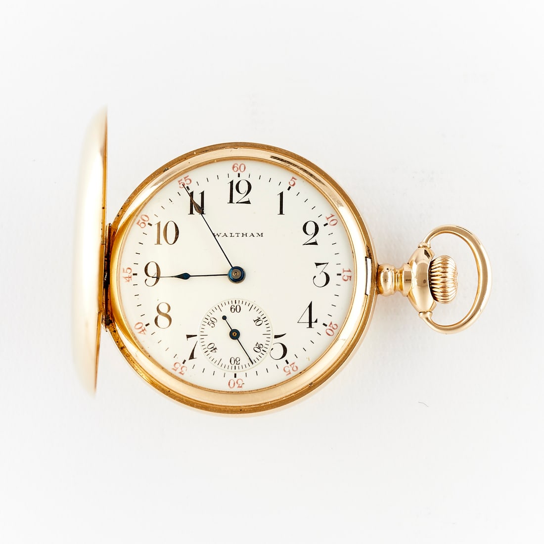 Waltham Lady Waltham 14k Hunter Pocket Watch: American Waltham Watch Co., United States. One Lady Waltham hunter pocket watch. 14k yellow gold hunter case with engraved with Lena Newman in script and back set with old cut diamond. White dial mark