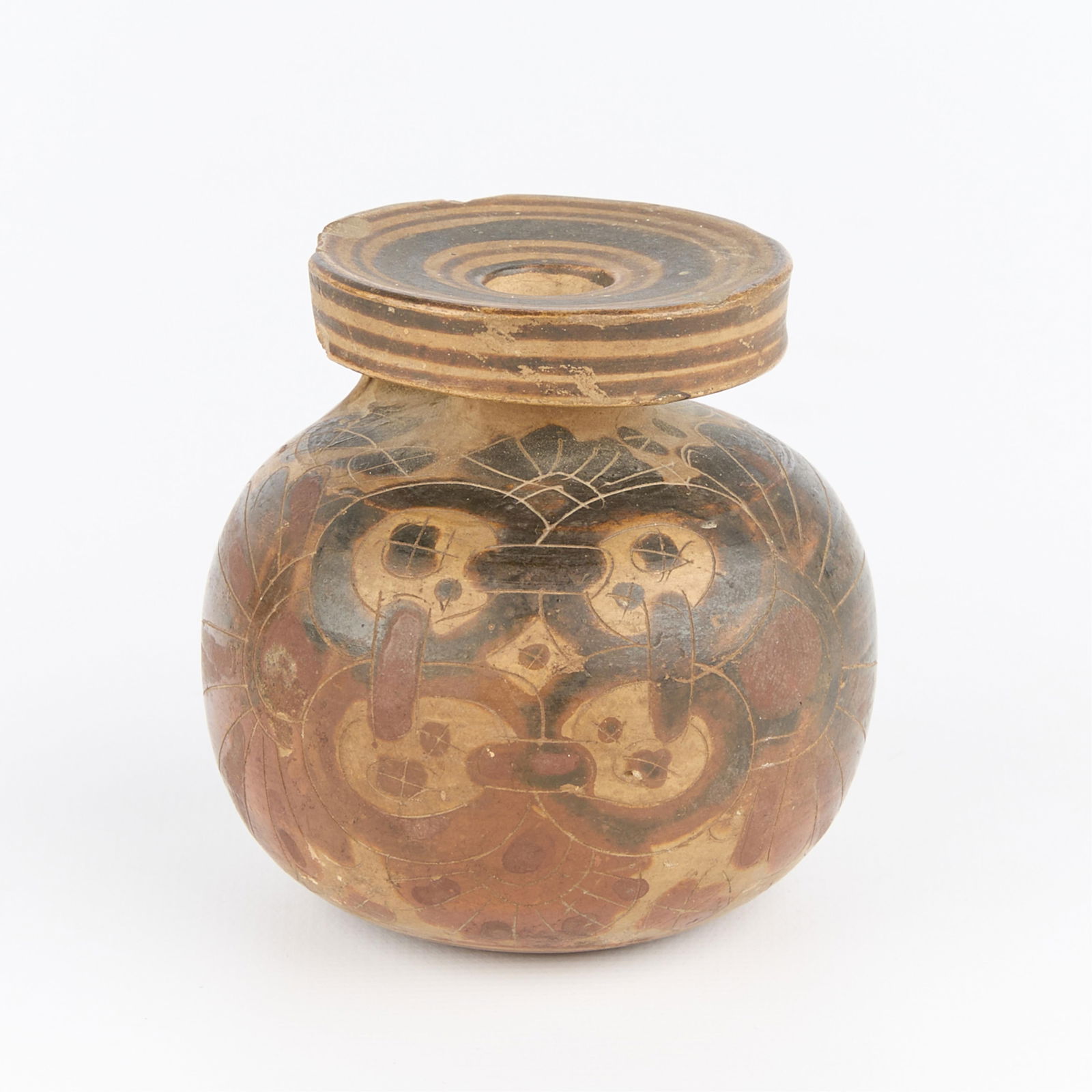 Ancient Corinthian Greek Pottery Aryballos: Ancient Corinthian Greek pottery aryballos flask, ca. 6th century BCE. Of spherical form with a narrow neck and flaring rim. Decorated along the sides with linked circles and flowers. These flasks oft