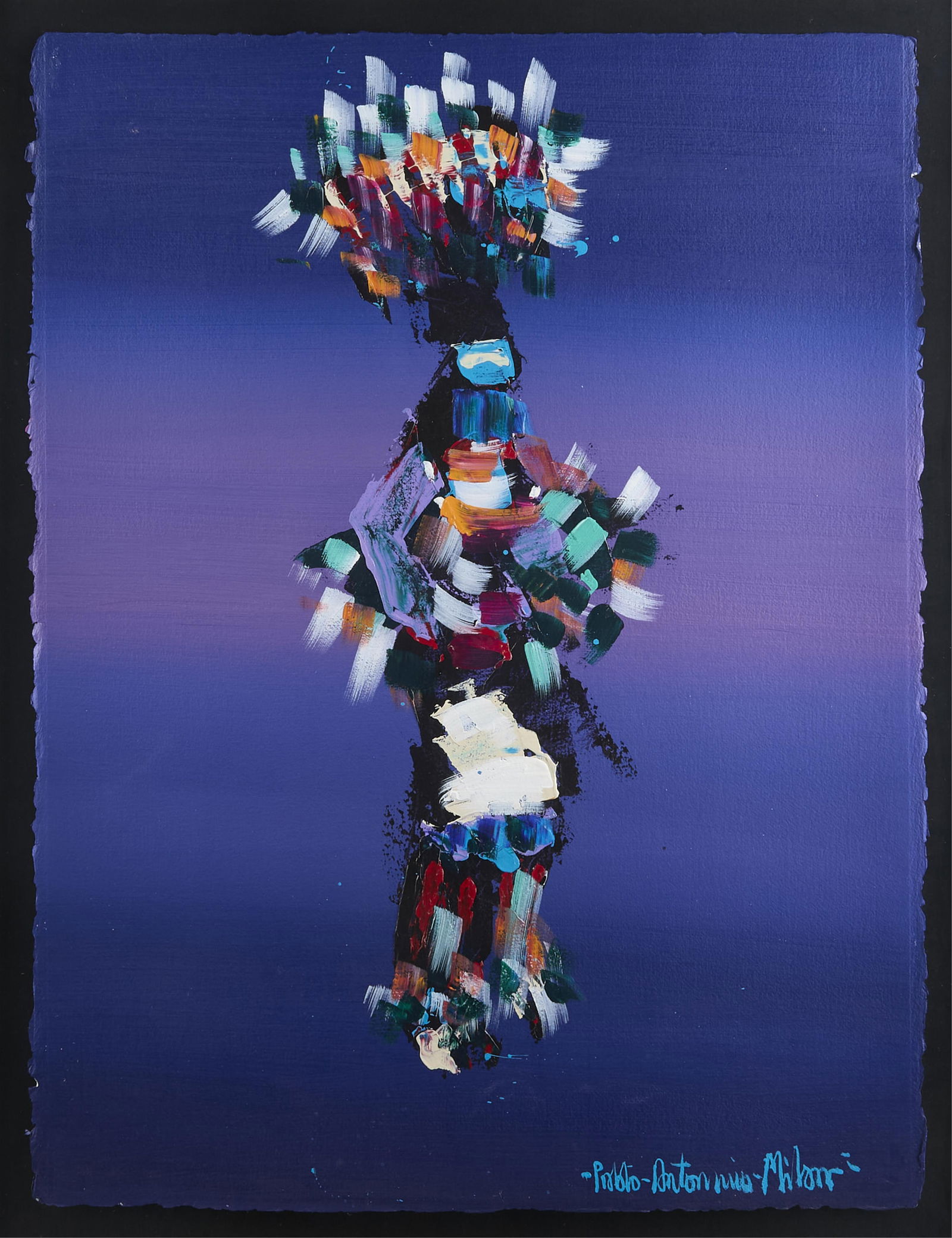 Pablo Antonio Milan Southwest Acrylic Painting: Pablo Antonio Milan (American, 1961-2017). Acrylic on paper painting depicting a colorful abstract depicting of a Native American dancer against a vibrant blue and purple background. Signed along the