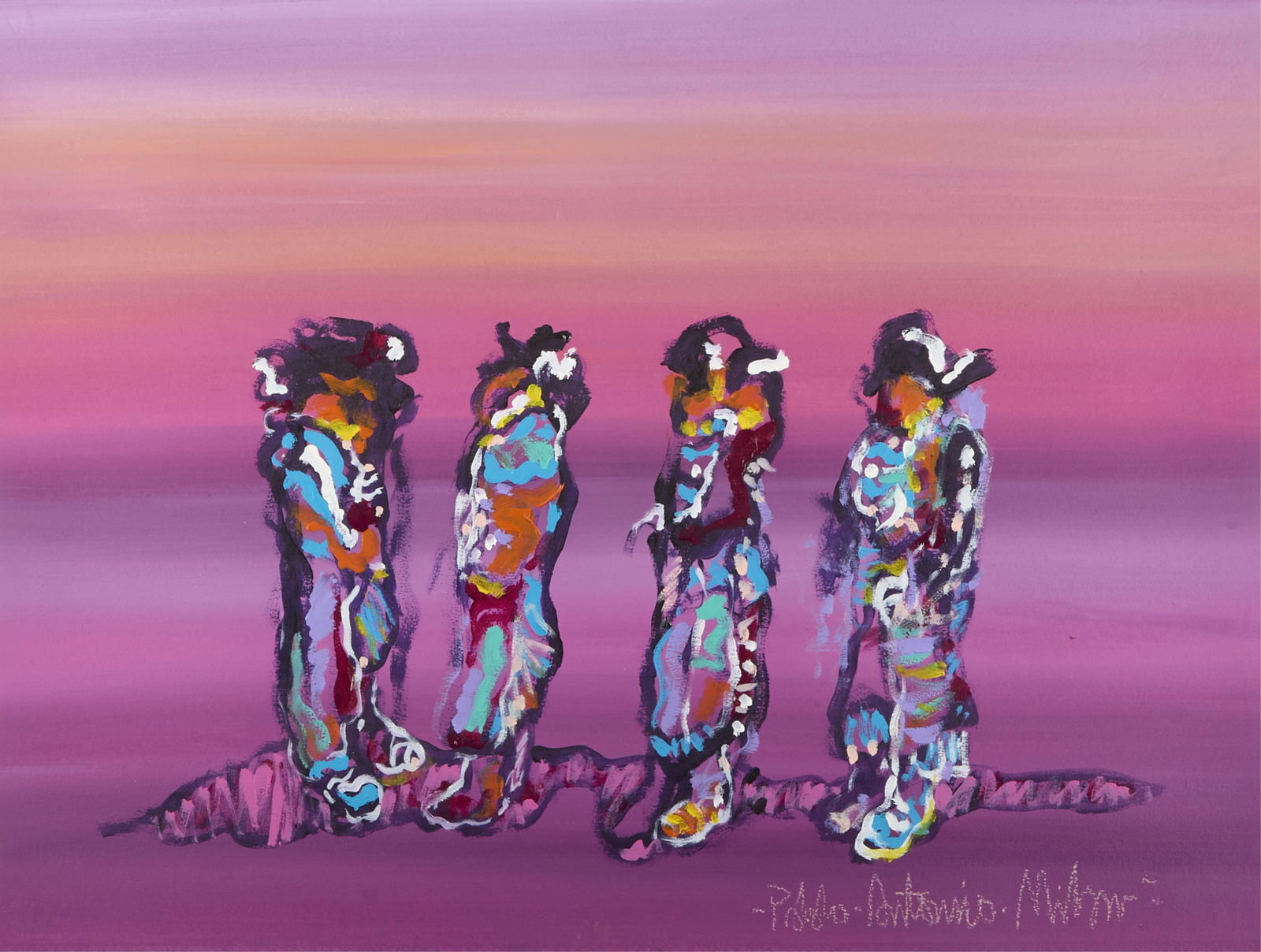 Pablo Antonio Milan Southwest Acrylic Painting: Pablo Antonio Milan (American, 1961-2017). Acrylic on paper painting depicting a colorful abstract depicting of four Native American dancers against a vibrant pink and purple background. Signed along