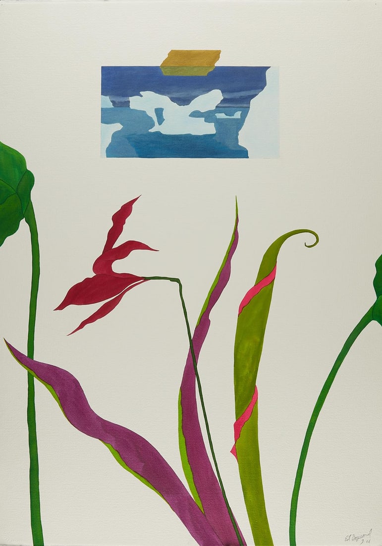 Ed Baynard "The Arctic & The Rainforest" Painting: Ed Baynard (American, 1940-2016). Watercolor on arches paper painting titled "The Arctic and The Rainforest" depicting a violet flower in the center and a view of glaciers above the flower,