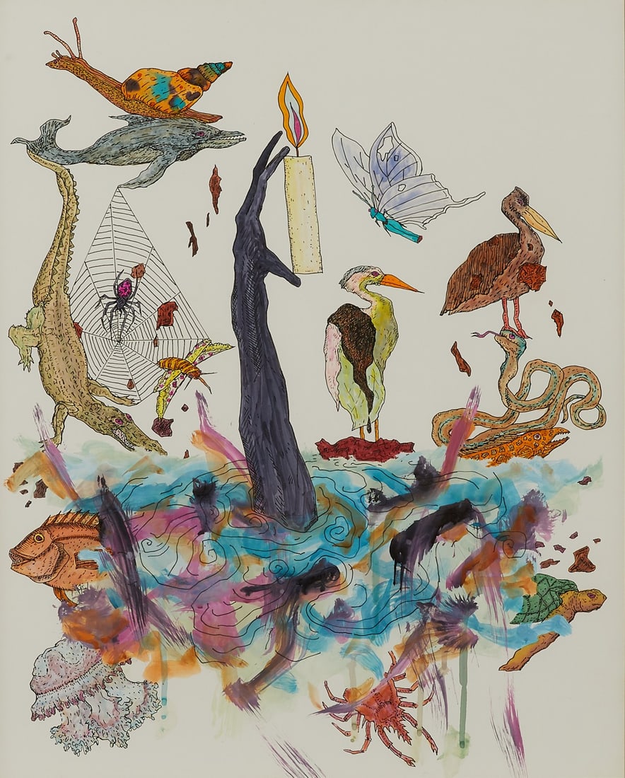 Ed Baynard "The Necessity of Black Light" Painting: Ed Baynard (American, 1940-2016). Acrylic on clayboard painting titled "The Necessity of Black Light" depicting a vivid scene of wildlife and a burning candle, 2010. Signed, dated, and title