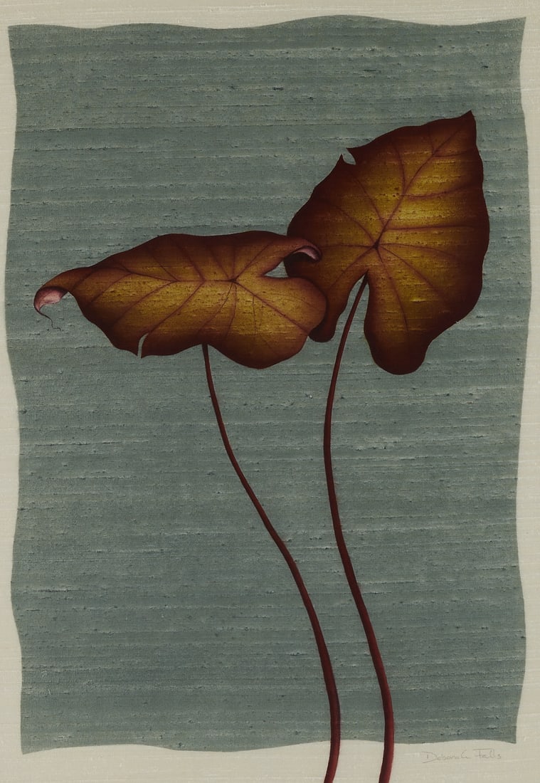 Deborah Falls "Black Elephant Ears" Silk Painting: Deborah Falls (American, 20th/21st c). Silk dyes on Indian Dipion silk titled "Black Elephant Ears" depicting two purple-black leaves, 2008. Pencil signed along the lower right.Sight; height