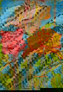 Aaron Fink "Rose Bouquet (Tenor)" Painting 2002: Aaron Fink (American, b. 1955). Oil on linen painting titled "Rose Bouquet (Tenor)" depicting three blooming roses against a blue background, 2002. Signed, titled, and dated along the verso.